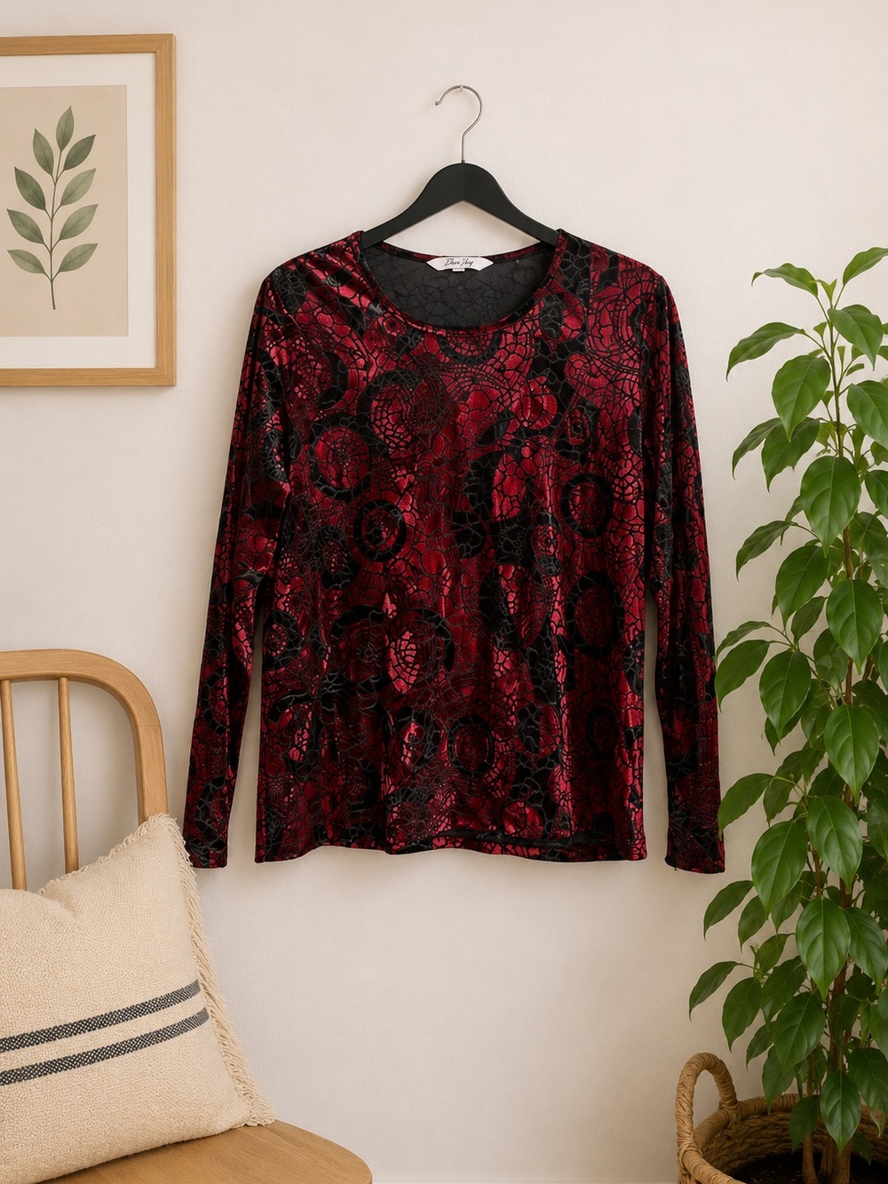 Vintage Red Velvet Burnout Top Sheer Floral Spider Web Witchy Whimsigoth Sz M